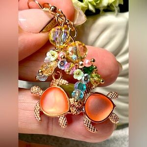 🐢 Turtle and floral cluster Earrings-rose gold accent